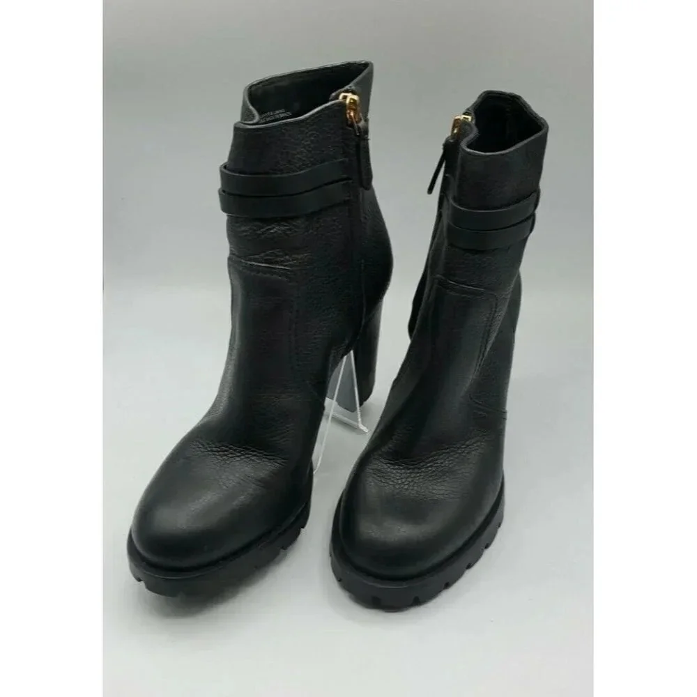 Tory Burch Leigh Black Leather Lug Sole With Logo Boots River Rock SZ 7.5   NWOB